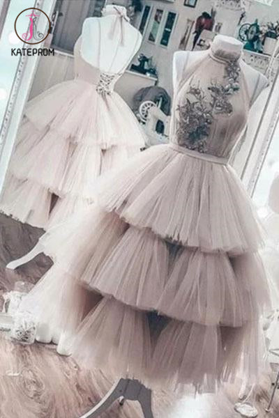 Unique Tea Length Layered Tulle High Neck Short Prom Dress, Puffy Homecoming Dress KPP1121