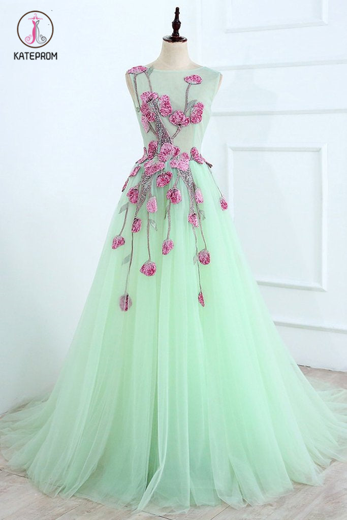 A Line Mint Green Sleeveless Tulle Formal Dress with Appliques, Long Tulle Prom Dress KPP0731