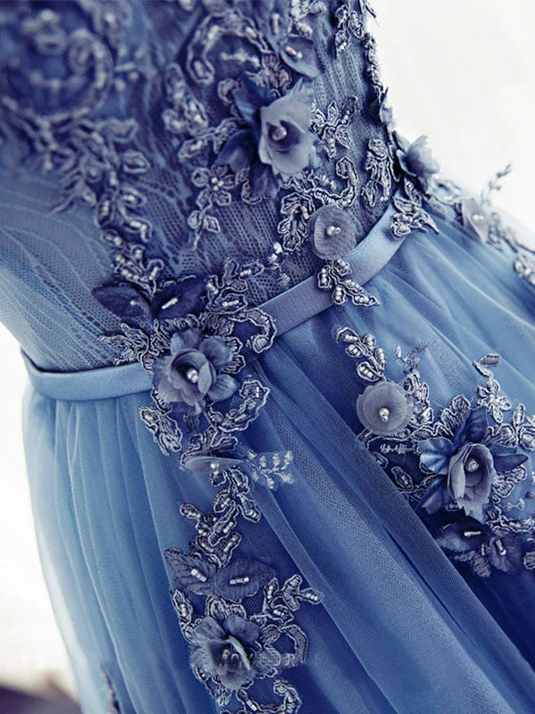 Chic A line Scoop Beaded Long Prom Dress Tulle Applique Evening Party Dress KPP1502