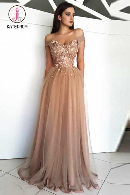 Floor Length Off Shoulder Tulle Evening Dress with Appliques, Elegant Prom Gown KPP1053