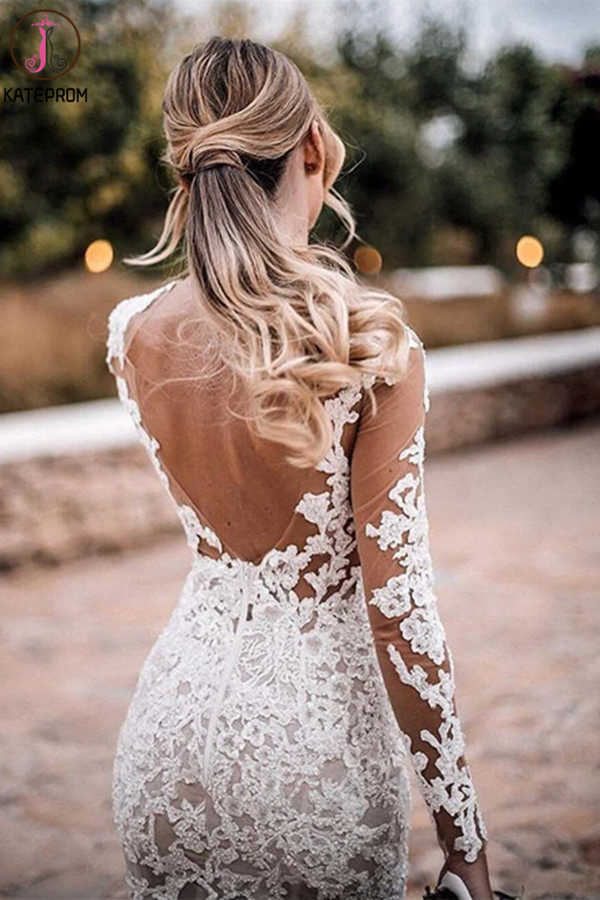 Stunning Lace Appliques See Though Mermaid/Turmpet Wedding Dress Backless Rustic Wedding with Sleeves Gowns