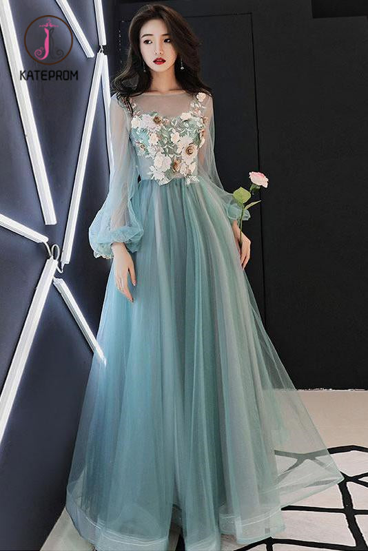 Charming Long Sleeves Tulle Prom Dress with Flowers, A Line Floor Length Party Dress KPP0937