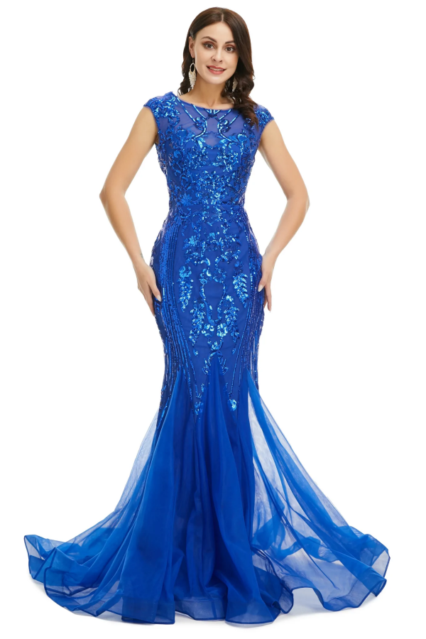 Blue Scoop Sequins Long Prom Formal Dress KPP1649