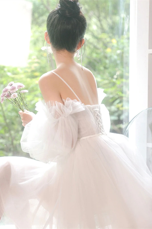 A line Spaghetti Straps Tulle Homecoming Dress Off the shoulder Short Prom Dress KPH0606