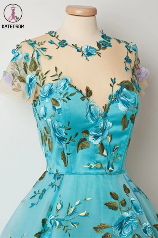 Lace Homecoming Dresses Scoop A Line Floral Short Prom Dress Cute Party Dress KPP1338