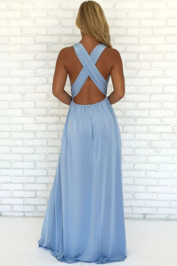 Sky Blue Chiffon A Line V Neck Criss Cross Straps Prom Dress With Side Slit KPP1468