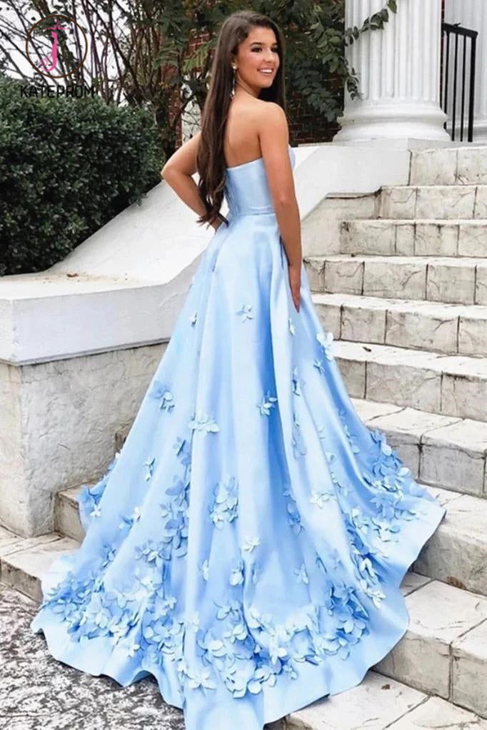 Sky Blue Strapless Satin Prom Dress with Flowers, Elegant Party Dress with Pockets KPP1234