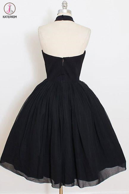 Black Sleeveless Homecoming Dress, Simple Halter Party Dresses, Tea Length Graduation Dress KPH0464