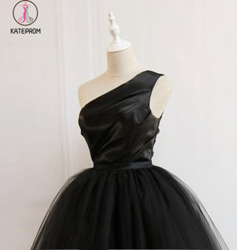 Cute Black One Shoulder Short Prom Dress, Black Tulle Homecoming Dress with Belt KPH0337