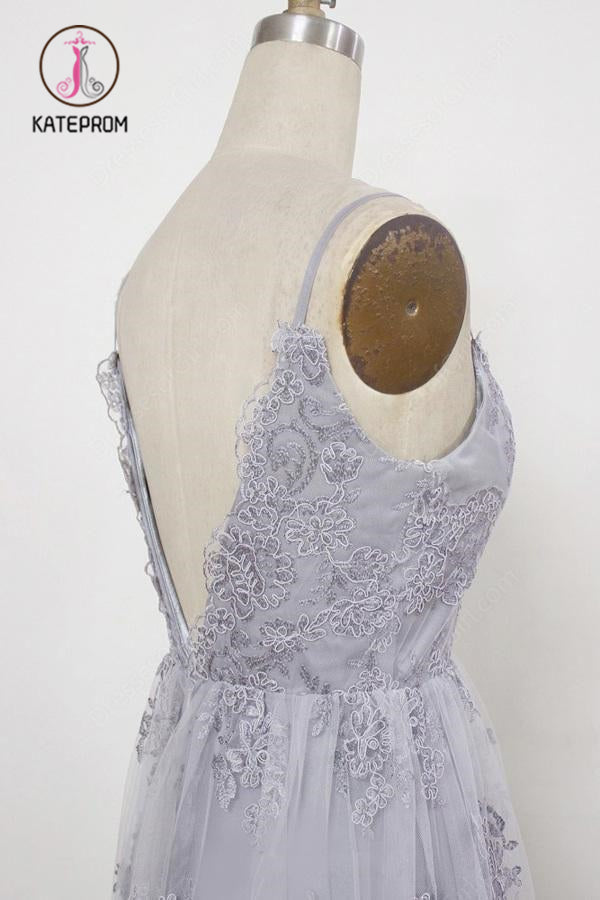 Spaghetti Straps Long Lace Prom Gown, A Line V Neck Sleeveless Formal Dresses KPP0894