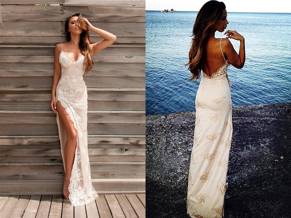 Sheath Ivory And Pink Floor Length Long Spaghetti Straps Backless Side Slit Prom Dresses Women Dresses KPP1407