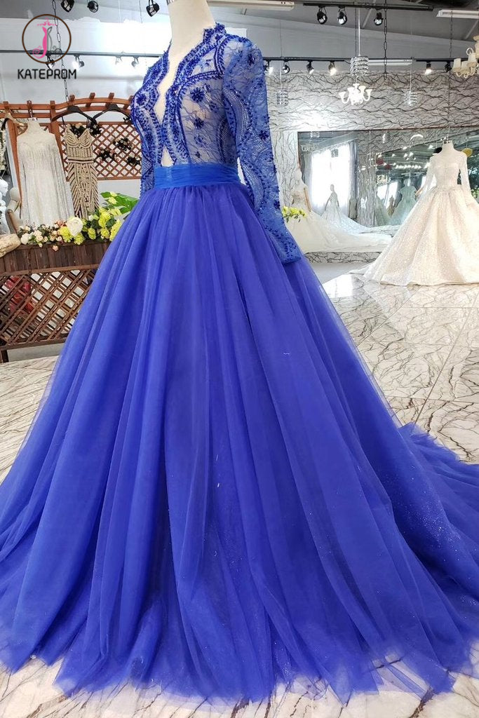 Royal Blue Long Sleeve Tulle Prom Dress with Lace, Long Party Dress with Beads KPP0860
