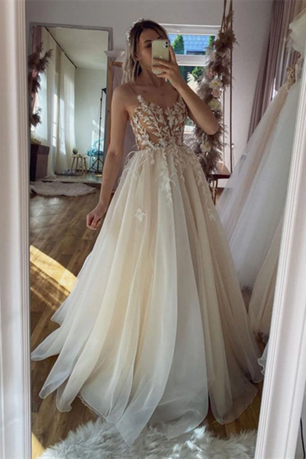 Chic A line Spaghetti Straps Floor length Long Prom Dresses Tulle Applique Evening Dress KPP1552