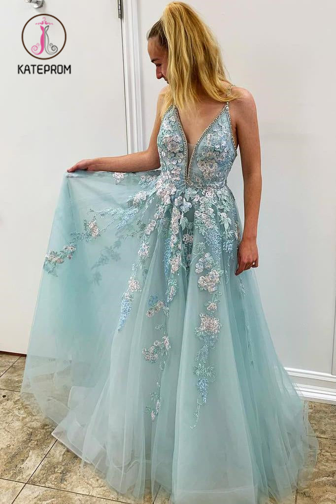 Spaghetti Straps Appliques Long Prom Dress With Beading, Long Formal Dress with Flower KPP0891