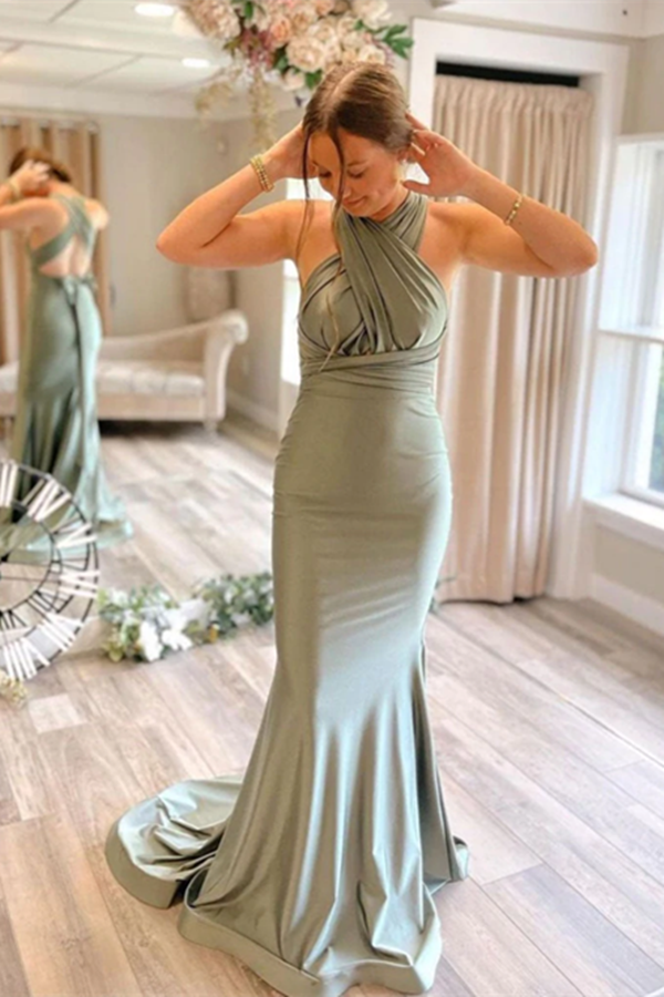 Gray Green Satin Mermaid Bridesmaid Dresses With Sweep Train KPB0202