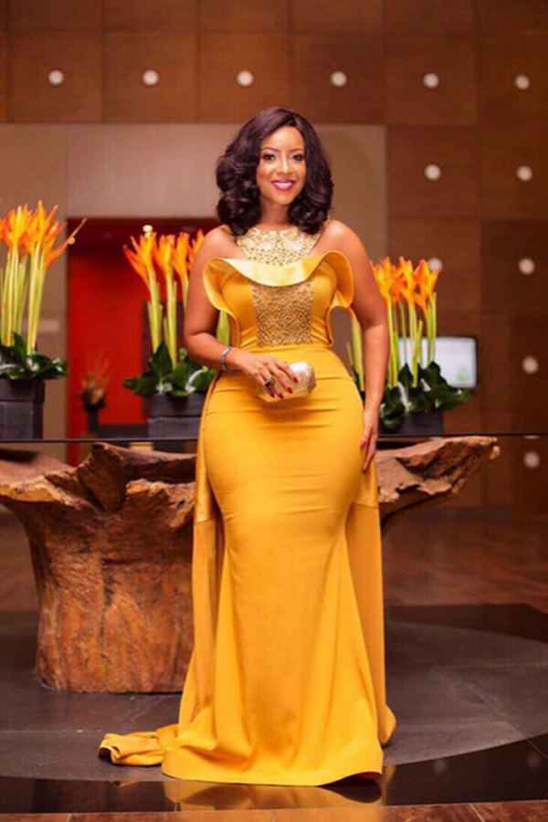 Elegant Yellow Beaded Mermaid Evening Dresses, African Attire Dresses KPP1350