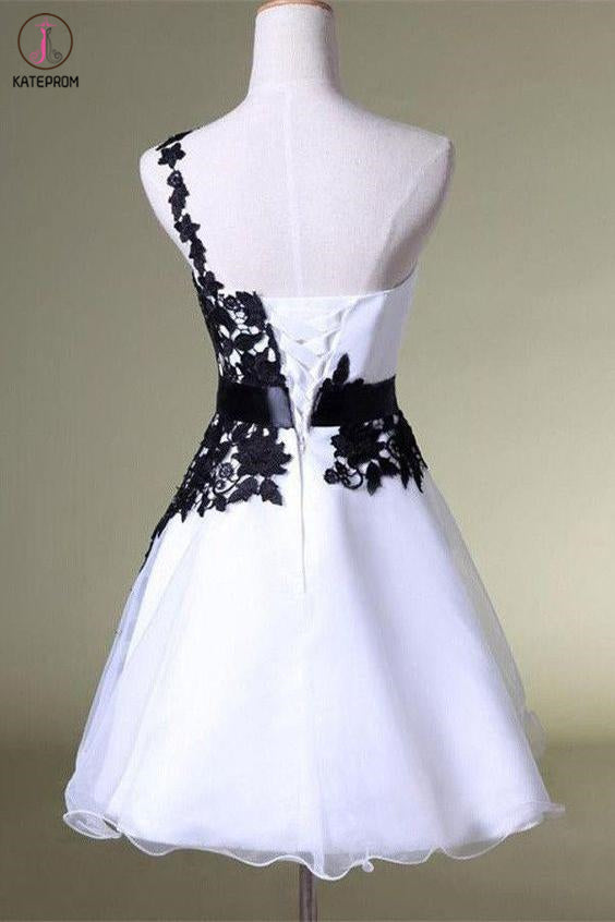 One Shoulder White Homecoming Dress with Black Lace, Knee Length Party Dress KPH0463