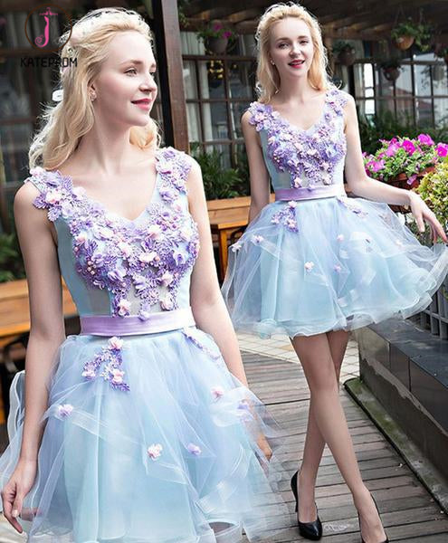 Stylish Light Blue Tulle Short Homecoming Dress with Lilac Appliques, Sweet 16 Dress KPH0331