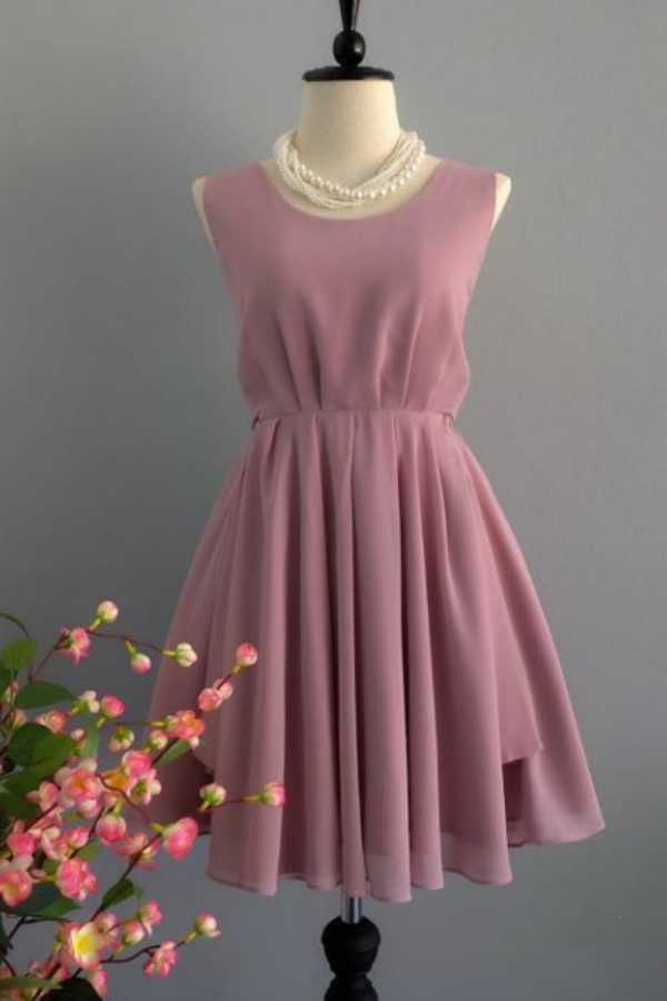 Backless Dusty Rose Homecoming Dresses Chiffon Short Bridesmaid Dress KPH0668