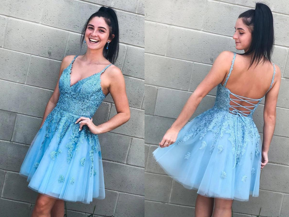 A Line V Neck Lace Appliques Tulle Sky Blue Homecoming Dress, Short Prom Dress With Straps KPP1440
