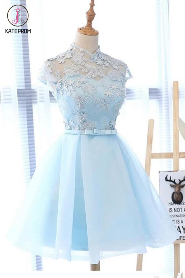 A Line High Neck Cap Sleeves Organza Homecoming Dresses with Bowknot KPH0419