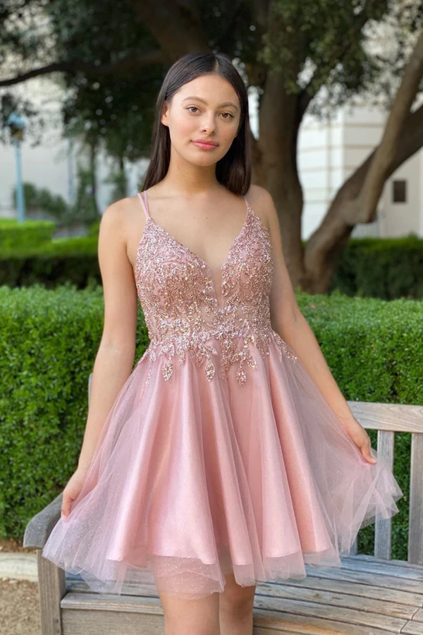 Pretty A Line Pink Beadeing Homecoming Dress, Short Spaghetti Straps Prom Dress KPP1432
