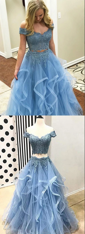Blue Tulle Off Shoulder Two Piece Prom Dresses Lace Formal Dresses KPP1399