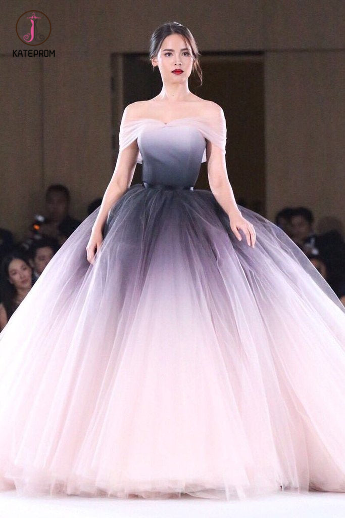 Puffy Off the Shoulder Ombre Prom Dress, Unique Tulle Long Evening Dresses KPP0825