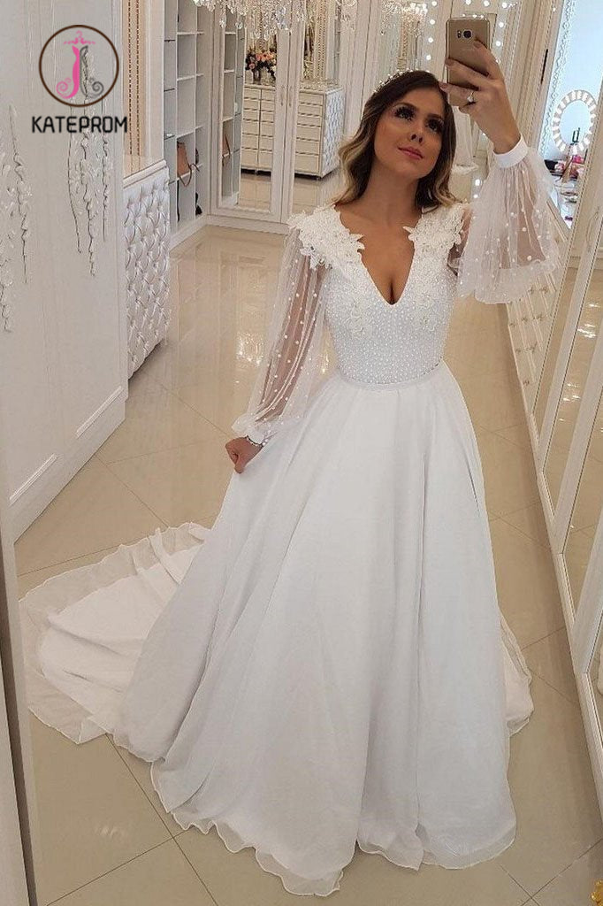 A Line Long Sleeves V Neck Long Prom Dresses, White Beach Wedding Dress with Beading KPP0912