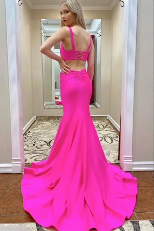 Hot Pink Mermaid Satin Lace Up Back Long Prom Dresses, Evening Dress KPP1490