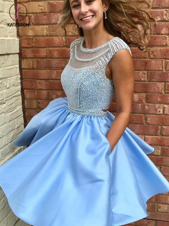 Ice Blue Beading Satin Sleeveless Open Back Homecoming Dress,Sparkly Prom Gown with Pockets KPH0268