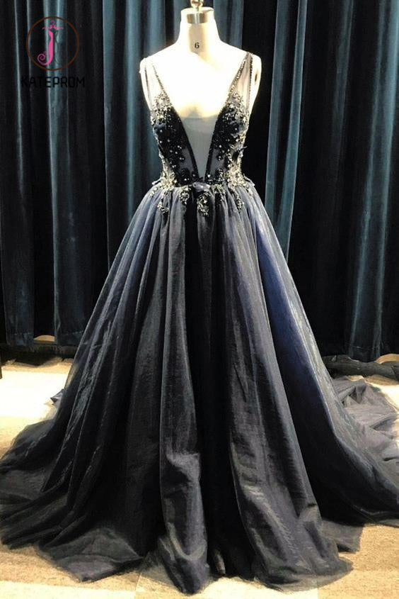 Black Tulle Deep V Neck Long Beaded Prom Dress with Appliques, Puffy Formal Dress KPP0923