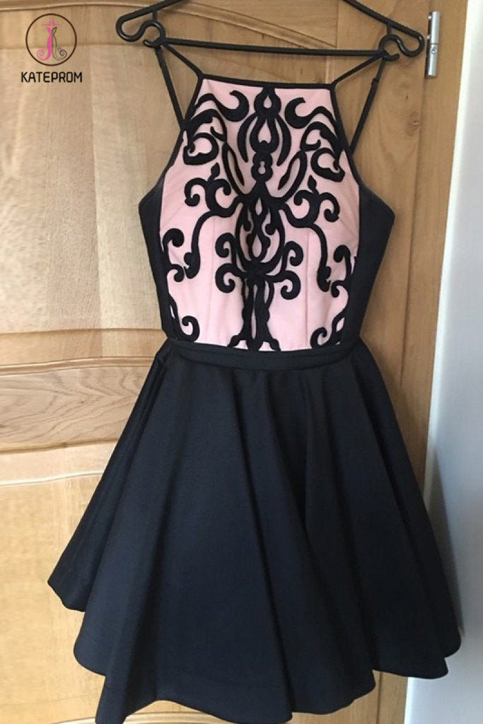 A-Line Bateau Appliques Sleeveless Short Black Homecoming Dress,Mini Black Dresses KPH0270