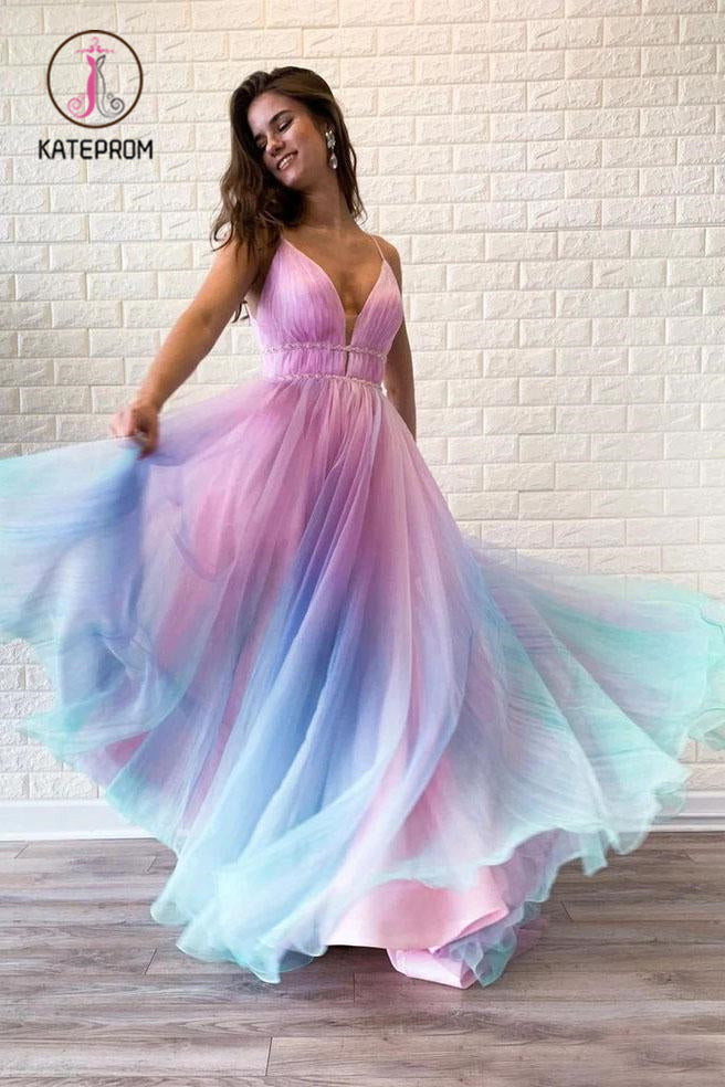 Ombre Spaghetti Straps Sleeveless A Line Prom Dress, Flowy Ombre Party Dresses KPP1013