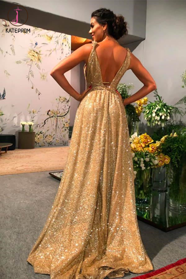 A-Line Gold Sequin Empire Prom Dress Long 2020 Sweep Train KPP1125