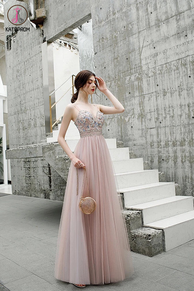 A Line Floor Length Spaghetti Straps Tulle Prom Dress with Beads KPP1289