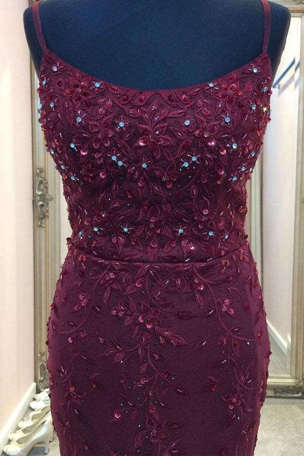 Septing - septing Straps Mermaid Burgundy Beaded Long Prom Dress Evening Dress KPP1630