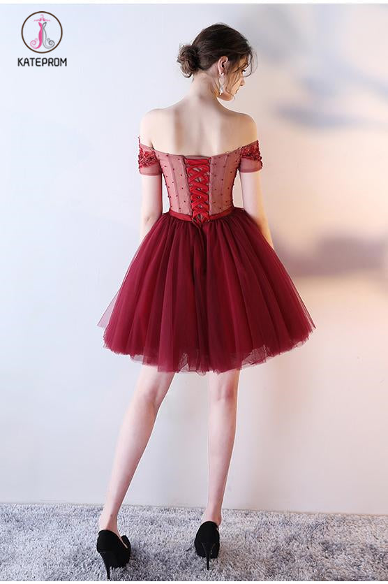 Dark Red Off the Shoulder Short Prom Dress with belt, Short Beading Homecoming Dress KPH0289