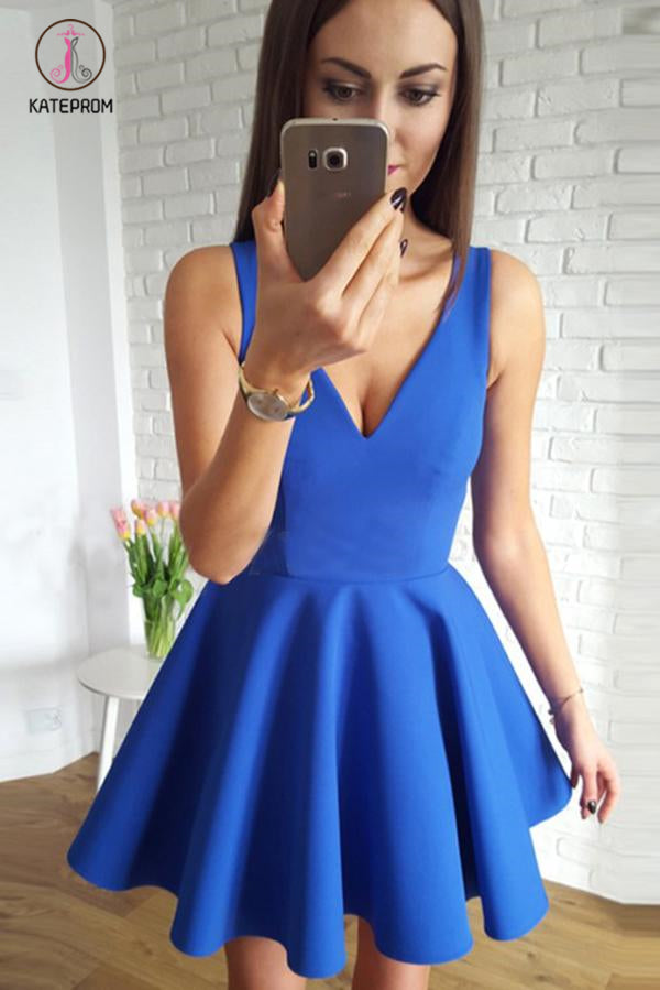 Royal Blue A Line V-Neck Short Homecoming Dress with Ruched, Mini Prom Dresses KPH0287