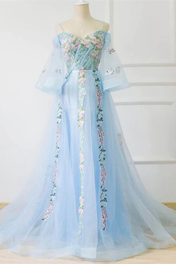 Chic A line Off the shoulder Light Blue Prom Dress With Floral Prom Dresses Long Evening Dress KPP1534
