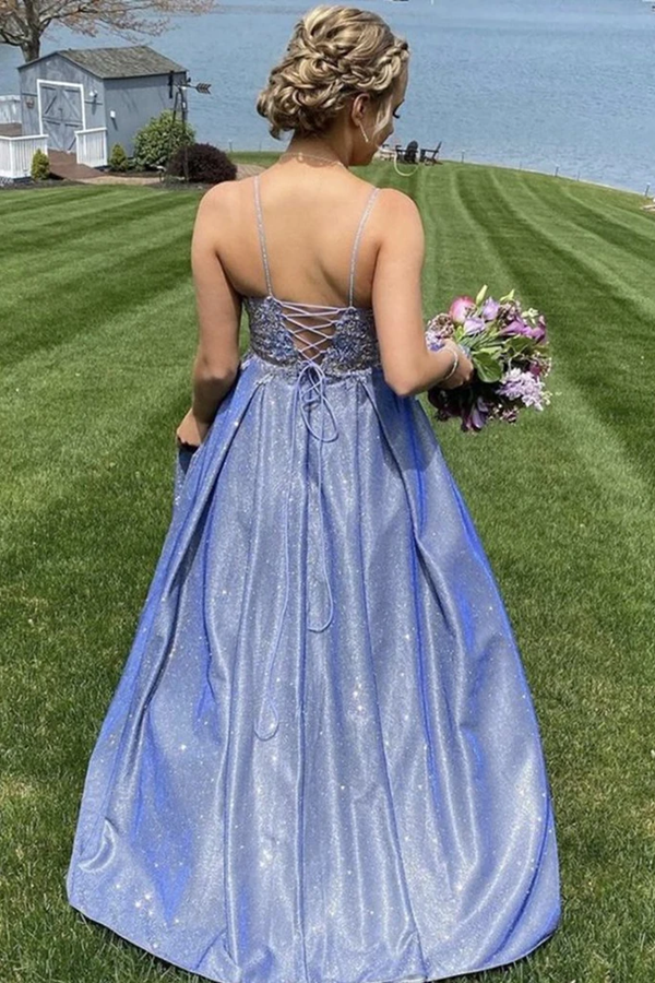 A Line Spaghetti Straps Blue Lace Top Prom Dresses, Long Formal Evening Dresses KPP1446