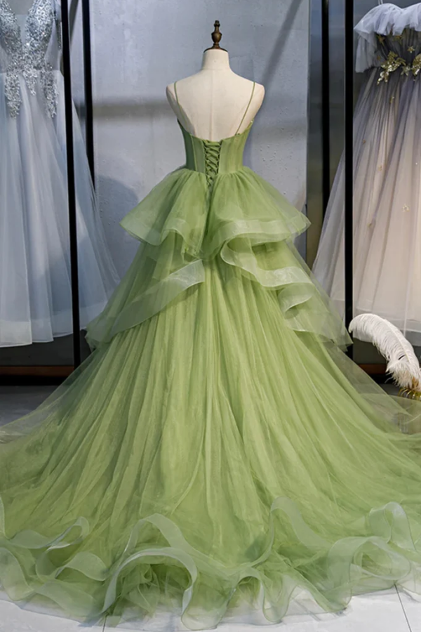 Green Tulle Long Prom Dresses A-Line Evening Dresses With Train KPP1734