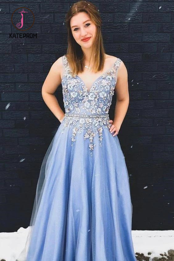 Gorgeous A-Line V Neck Appliques Sleeveless Sky Blue Beading Long Prom Dress KPP0978