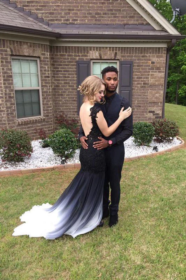 Ombre Trumpet Court Train Capeed Sleeve Appliques Side Slit Prom Dress, Formal Dress KPP1478