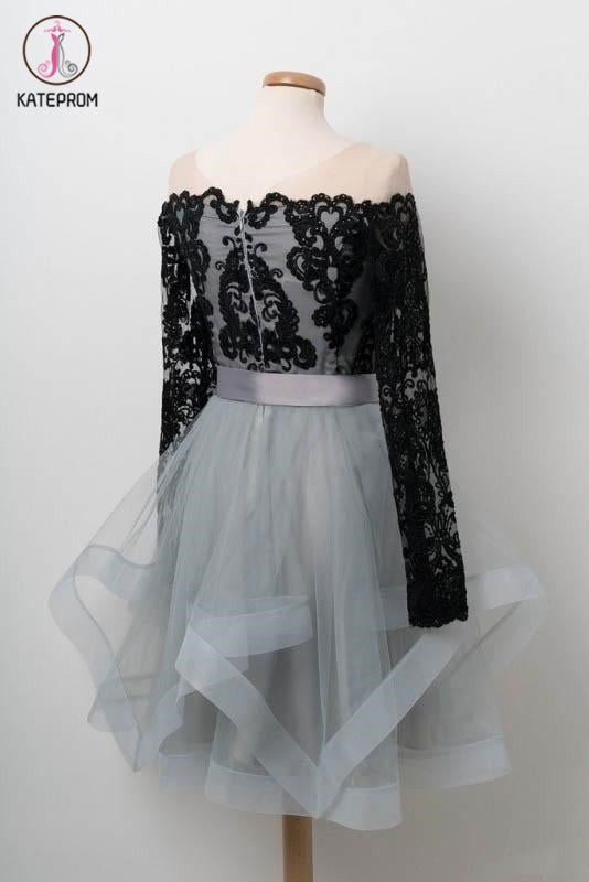 Black Lace Homecoming Dress, Long Sleeve Tulle Short Graduation Dresses KPH0441