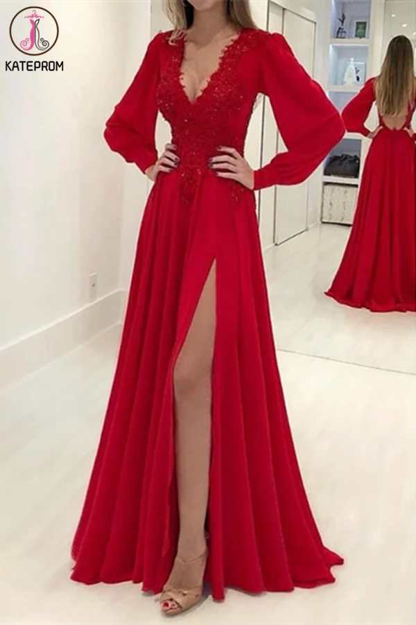 A Line Princess Long Sleeves V neck Sweep Brush Train Applique Chiffon Prom Dresses KPP1412