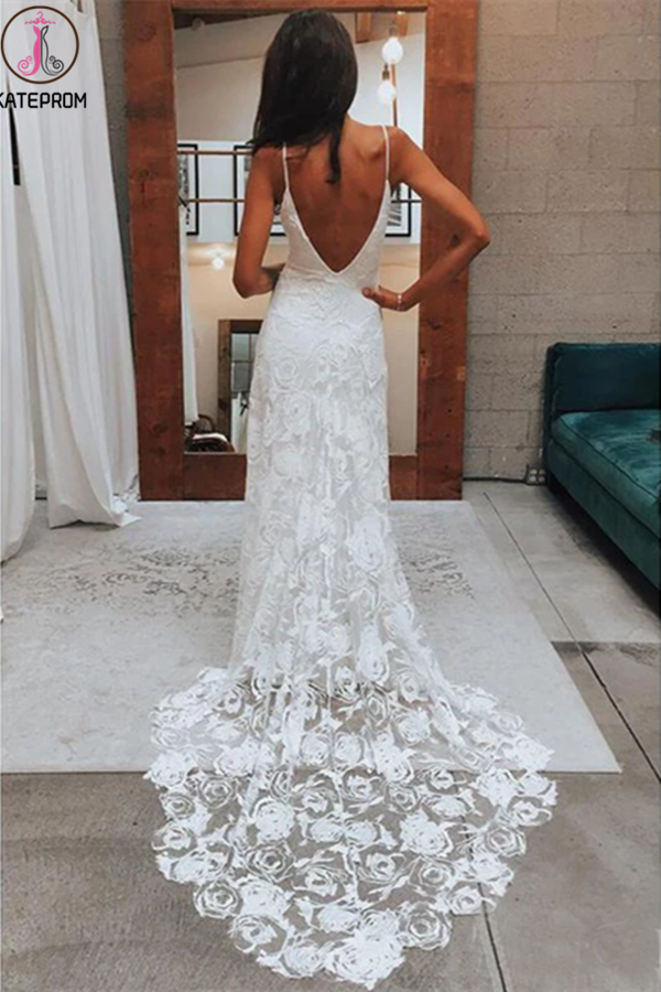 Rose Lace Sheath Wedding Dresses Spaghetti Strap Boho Beach Wedding Dress KPW0618