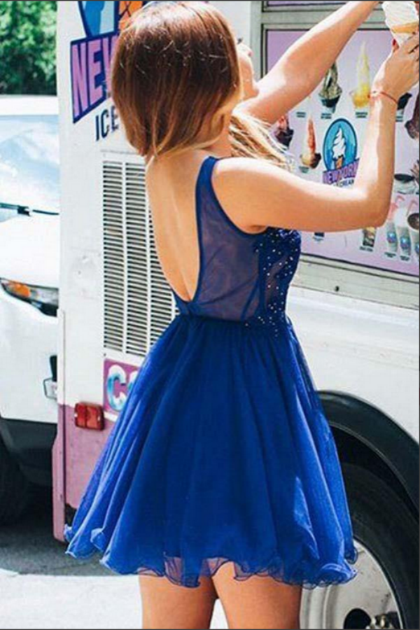 Royal Blue Tulle A line V neck Beaded Homecoming Dress With Appliques KPH0628