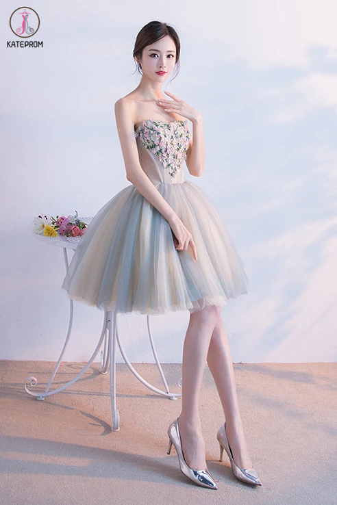 Cute Sweetheart Homecoming Dress with Flowers, Short Strapless Prom Dresses KPH0507