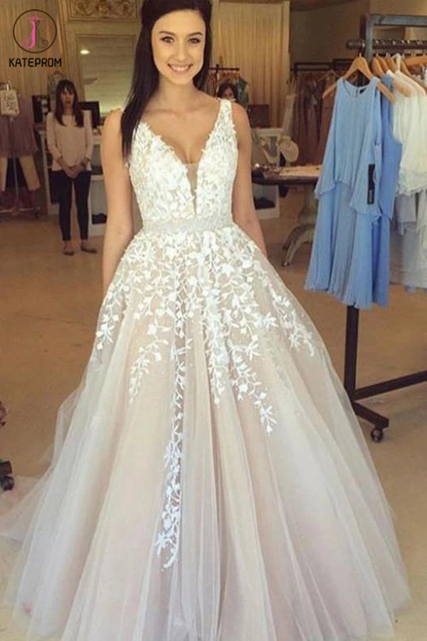 A-Line V Neck Light Gray Princess Tulle Long Prom Dresses With Bead KPP1257